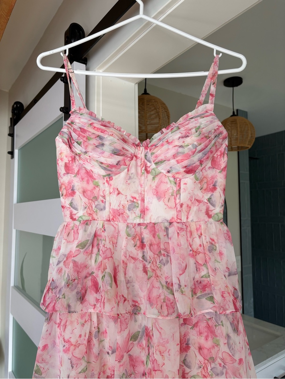 Azazie Pink Floral Tiered Dress with Spaghetti Straps - Picture 3 of 4